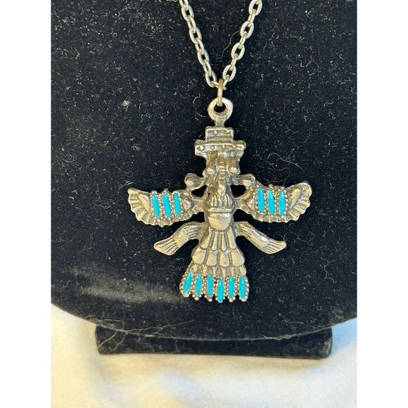 Faux Silver and Turquoise Kochina Dancer Pendent Chain Necklace 23 Inches, Long - Picture 2 of 5
